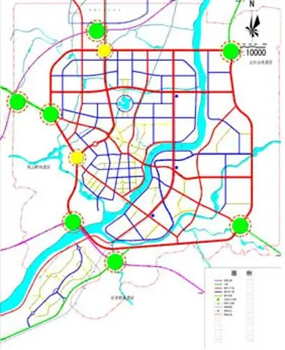 结合城市公共活动 及城市景观轴线规划广场8处,在城市出入口地段,交通