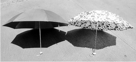 伞面较厚,织物越紧密的布料抗紫外线性能越好,在太阳照射下,伞的影子