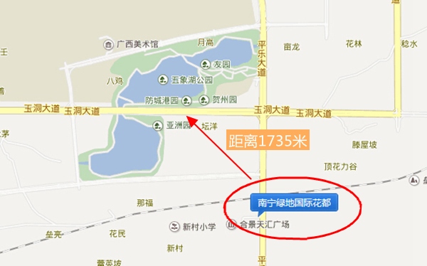 南宁国际绿地花都与五象湖公园距离