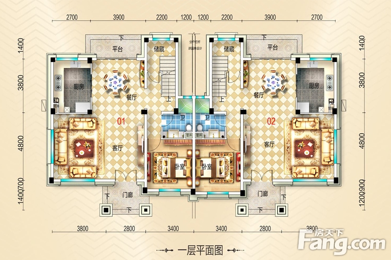 碧桂园双拼别墅b006t户型一层平面图 面积约257平米 五室两厅四卫一厨