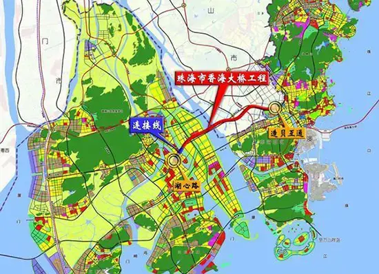 除此,与香海大桥遥相呼应位于珠海大道南侧的洪鹤大桥也在加紧建设中