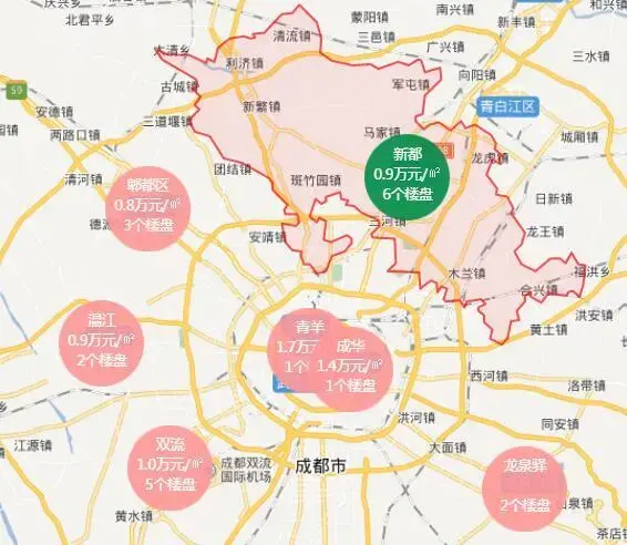 从以下图片可以看出8000-10000元/㎡分布,新都区有6个楼盘,郫都区有3