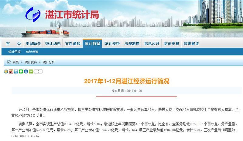 七项数据基本看透2017年的湛江，湛江2017年GDP达到了2824个亿！